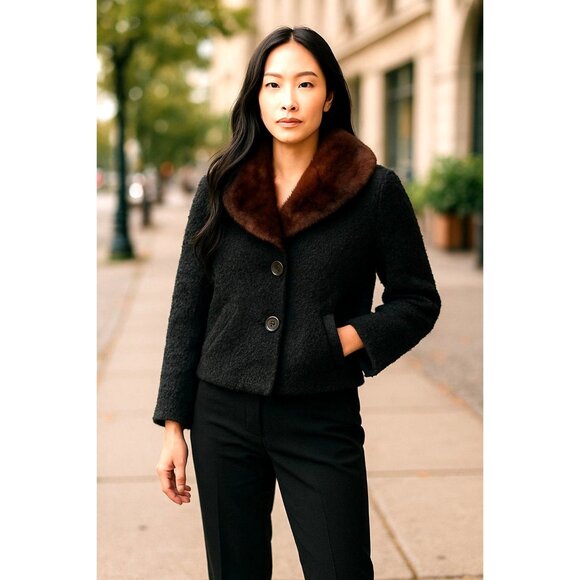 Jacket Black Curly Lamb Brown Fur Collar & Button Closure Small 1950 - Picture 1 of 14